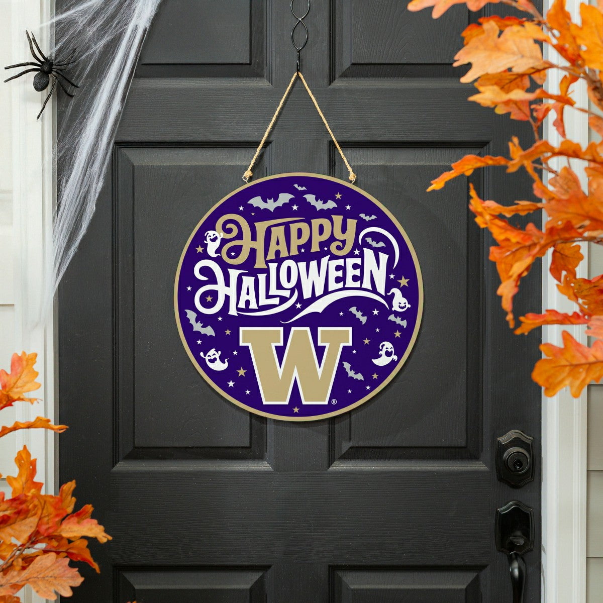 University of Washington Halloween Round Door Décor with Hanging Rope, - Collegiate Home