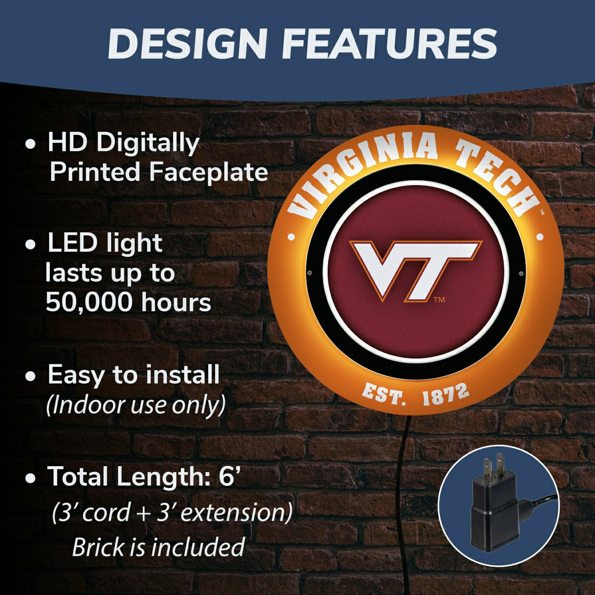 Virginia Tech, Metal Lite, Round - Collegiate