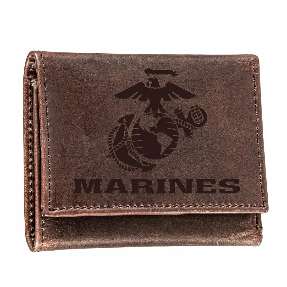 US Marine Corps Brown Tri-Fold Wallet, 100% Genuine Leather - US Military Home