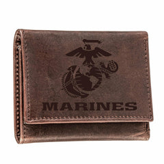 US Marine Corps Brown Tri-Fold Wallet, 100% Genuine Leather - US Military Home