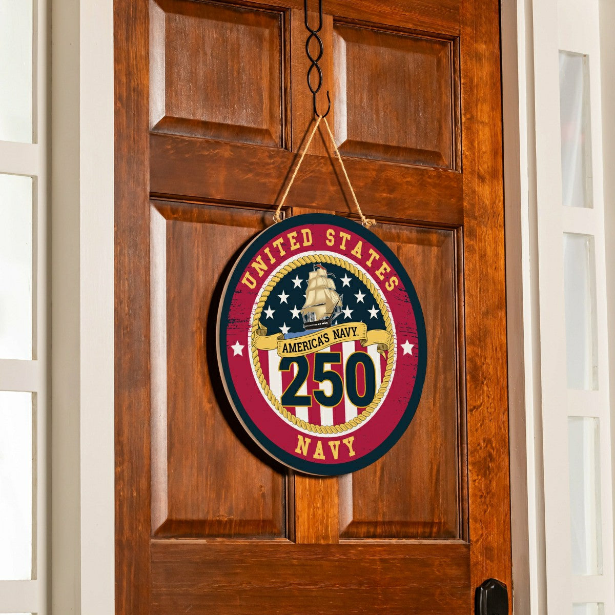 US Navy, 250th Anniversary Round Door Décor with Hanging Rope, 18x18 - US Military Home