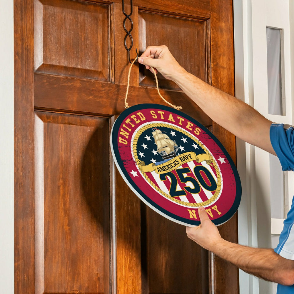 US Navy, 250th Anniversary Round Door Décor with Hanging Rope, 18x18 - US Military Home