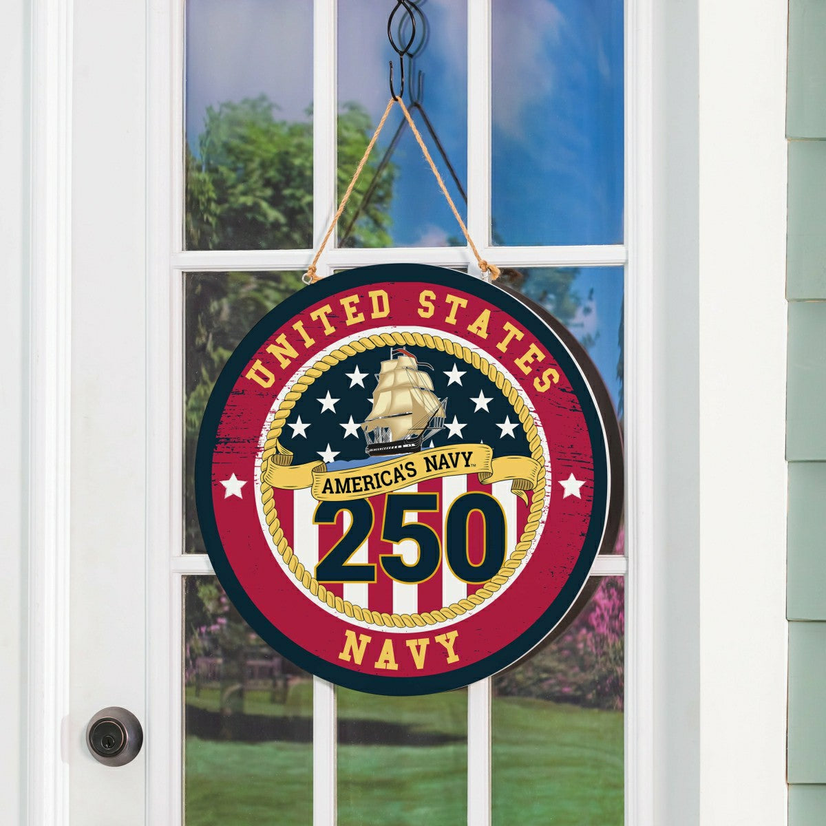 US Navy, 250th Anniversary Round Door Décor with Hanging Rope, 18x18 - US Military Home