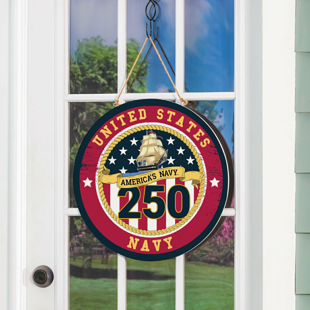US Navy, 250th Anniversary Round Door Décor with Hanging Rope, 18x18 - US Military Home