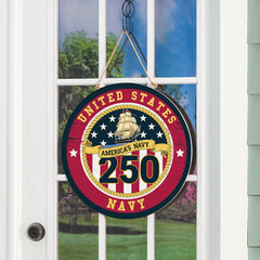 US Navy, 250th Anniversary Round Door Décor with Hanging Rope, 18x18 - US Military Home