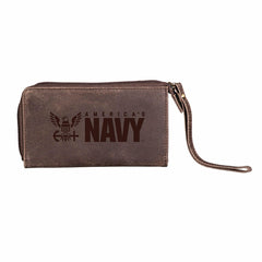 US Navy Brown Wristlet Wallet, 100% Genuine Leather - US Military Home
