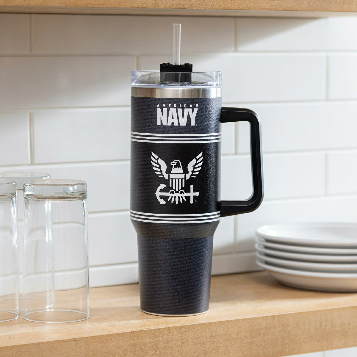 40oz Stainless Steel Canyon Cup w/ Straw, US Navy - US Military Home