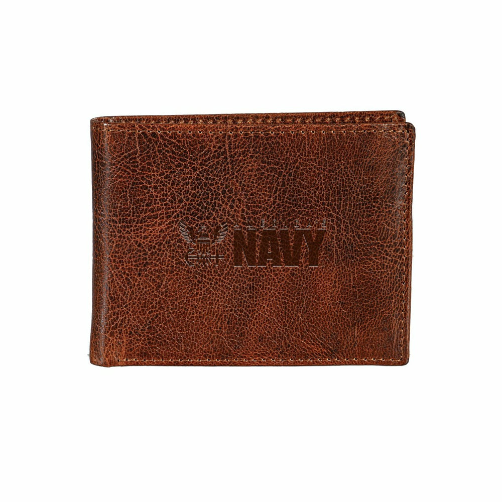 US Navy, Embossed 100% Genuine Tumbled Leather Passcase Bi-Fold Wallet - US Military Home
