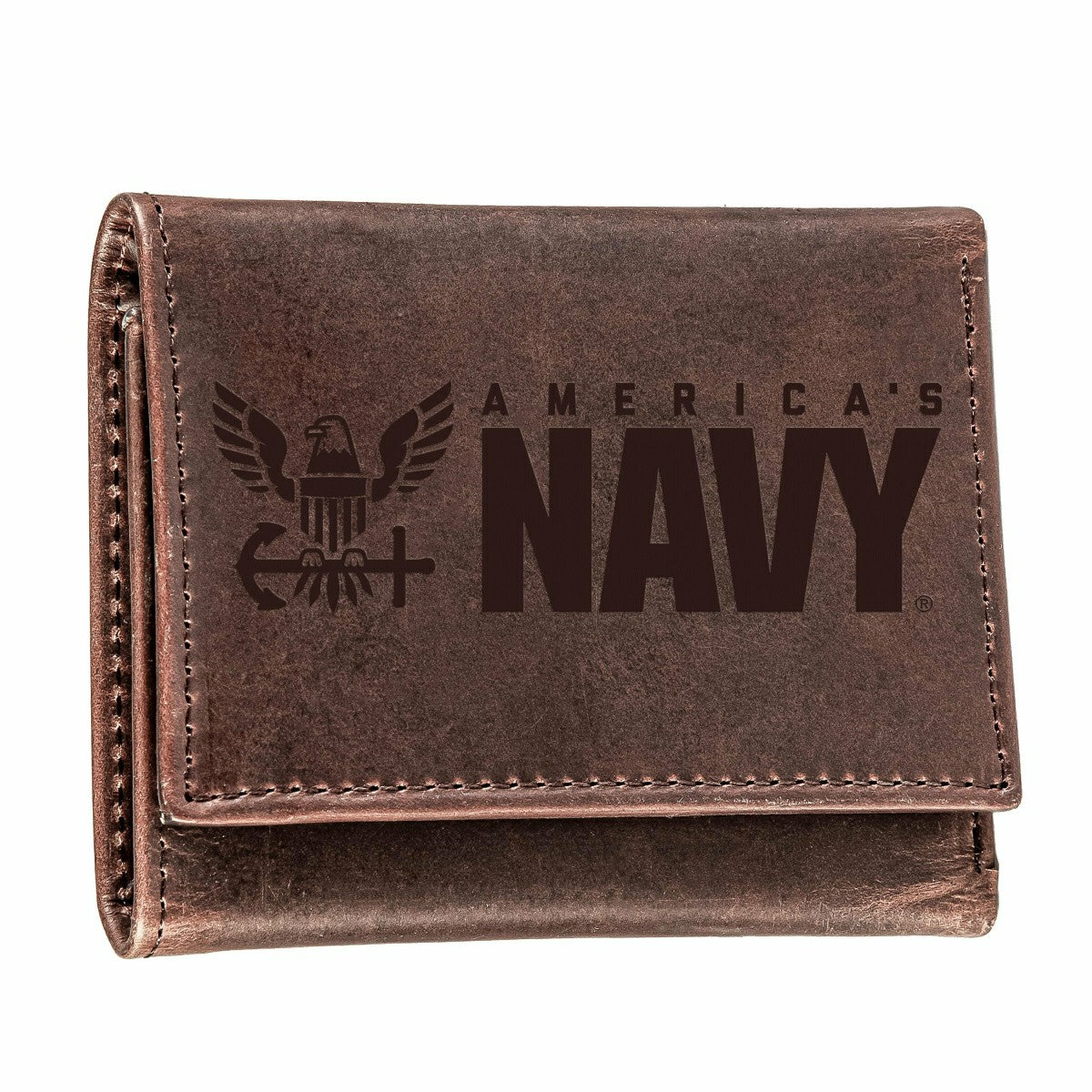 US Navy Brown Tri-Fold Wallet, 100% Genuine Leather - US Military