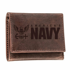 US Navy Brown Tri-Fold Wallet, 100% Genuine Leather - US Military