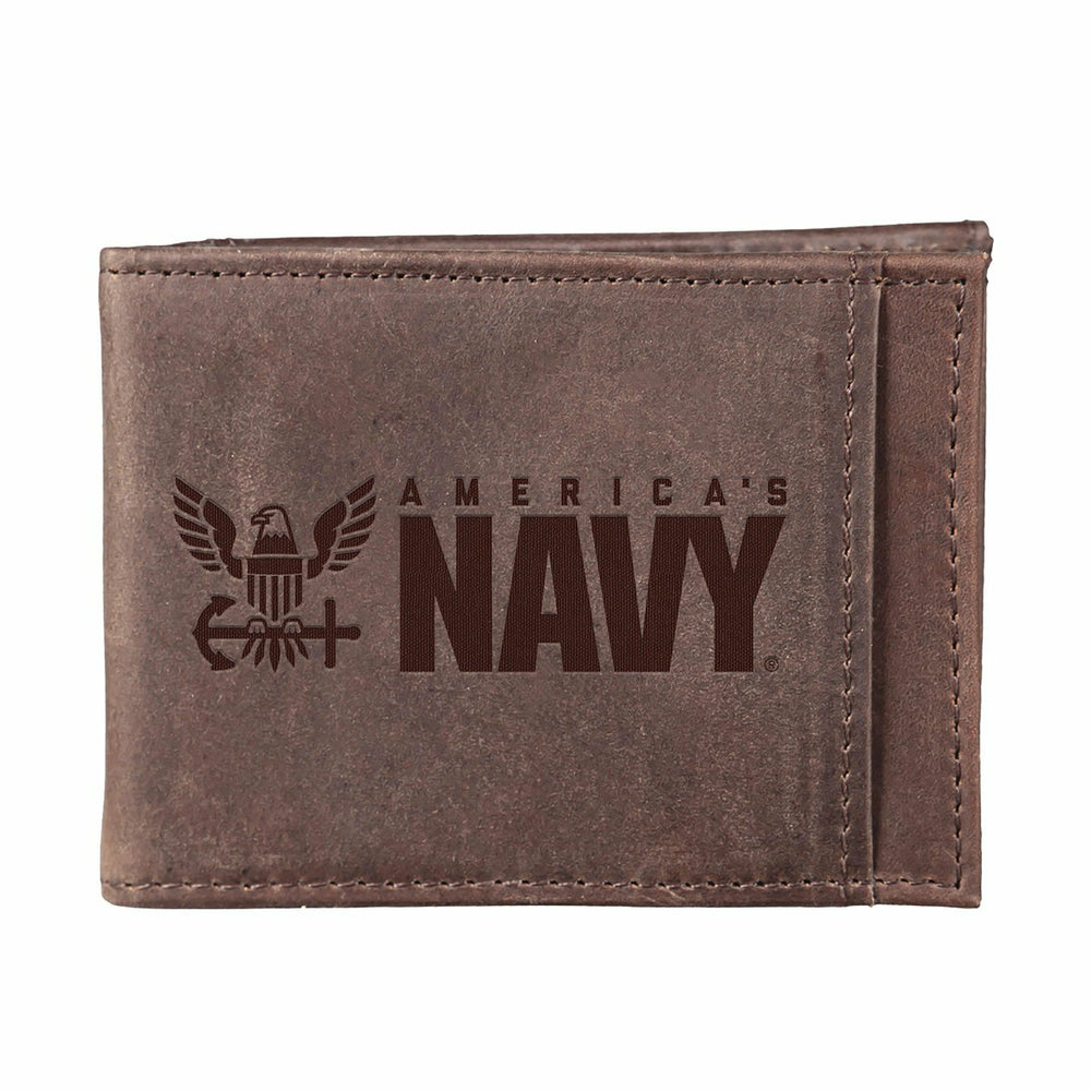 US Navy Brown Front Pocket Wallet with RFID Blocking, 100% Genuine Lea - US Military