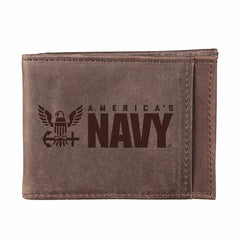 US Navy Brown Front Pocket Wallet with RFID Blocking, 100% Genuine Lea - US Military
