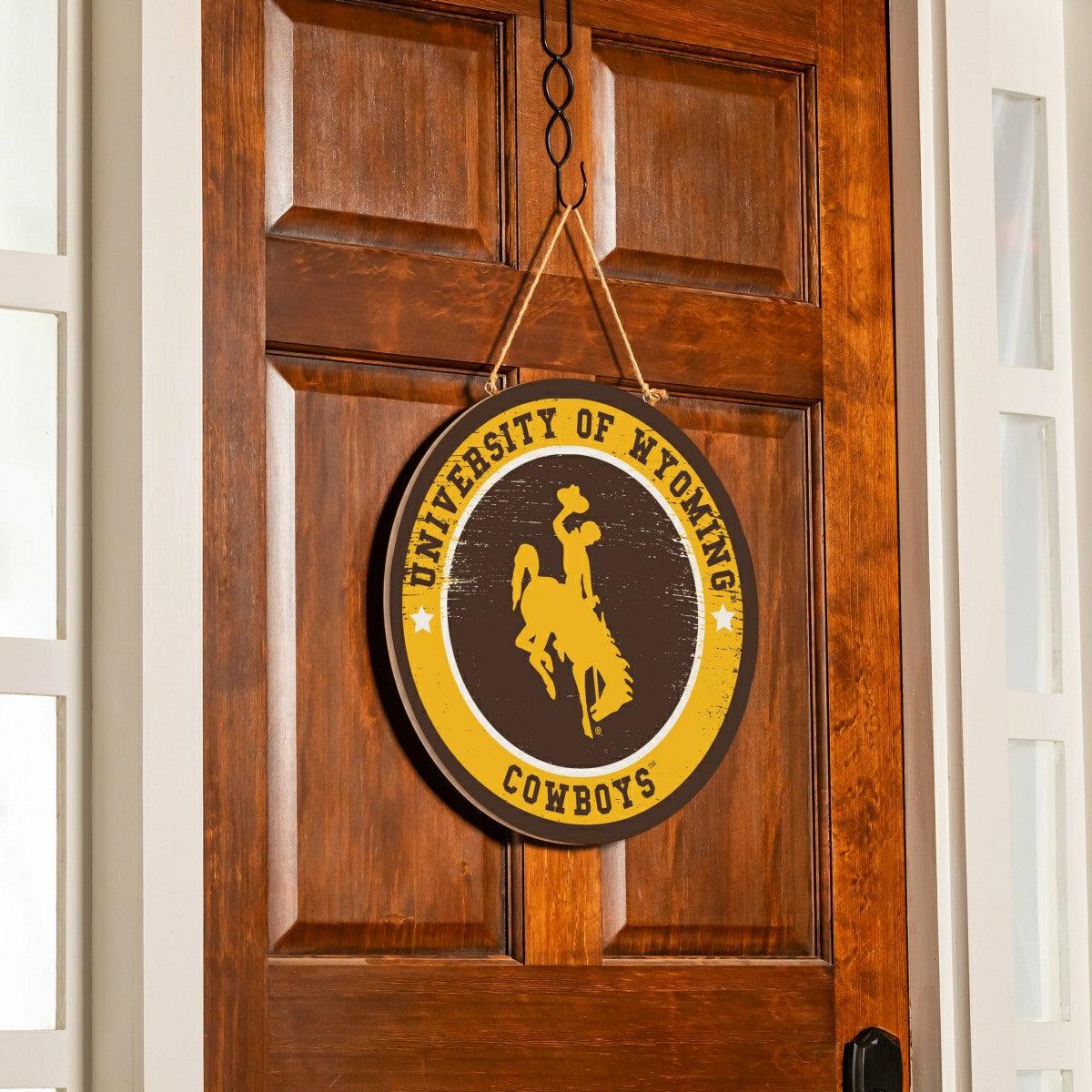 University of Wyoming Round Door Décor with Hanging Rope, 18x18 - Home