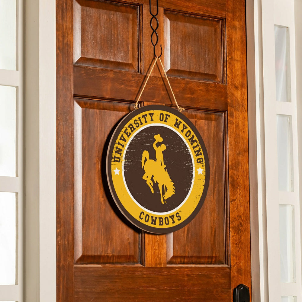 University of Wyoming Round Door Décor with Hanging Rope, 18x18 - Home