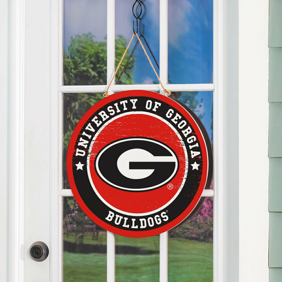 University of Georgia Round Door Décor with Hanging Rope, 18x18 - Home Collegiate