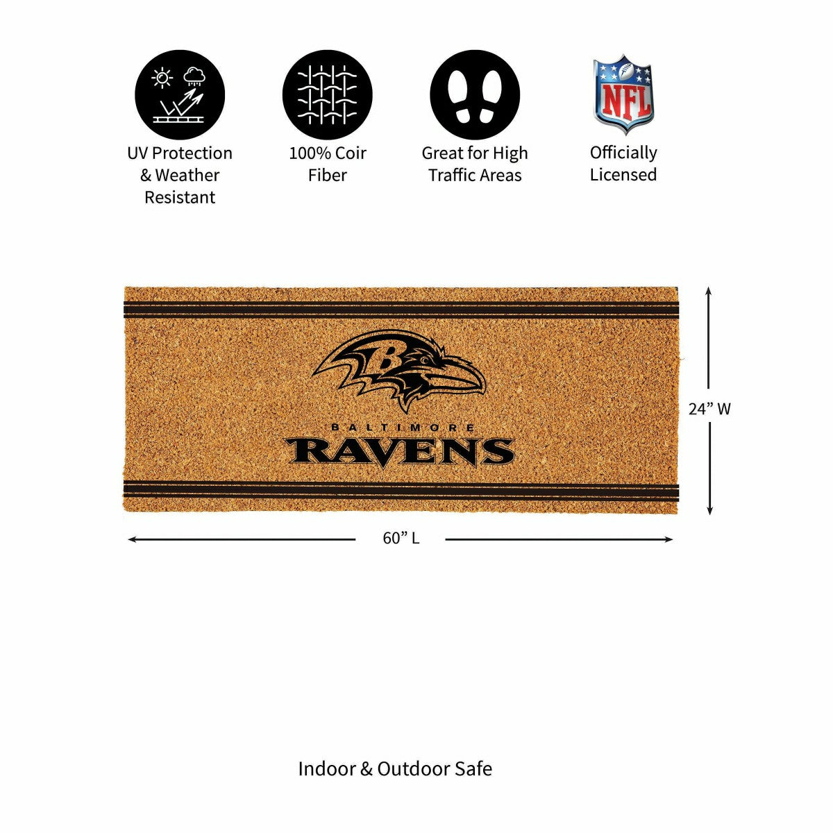 Baltimore Ravens Extra Large One Color Coir Mat, 60"x24" - NFL