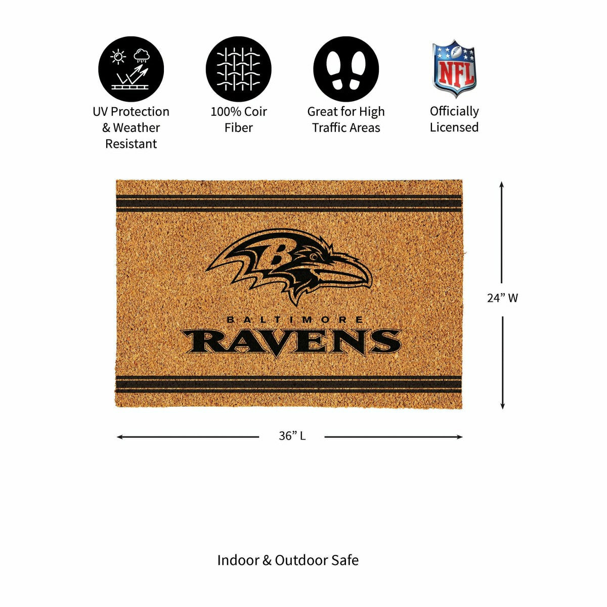 Baltimore Ravens Large One Color Coir Mat, 36"x24" - NFL