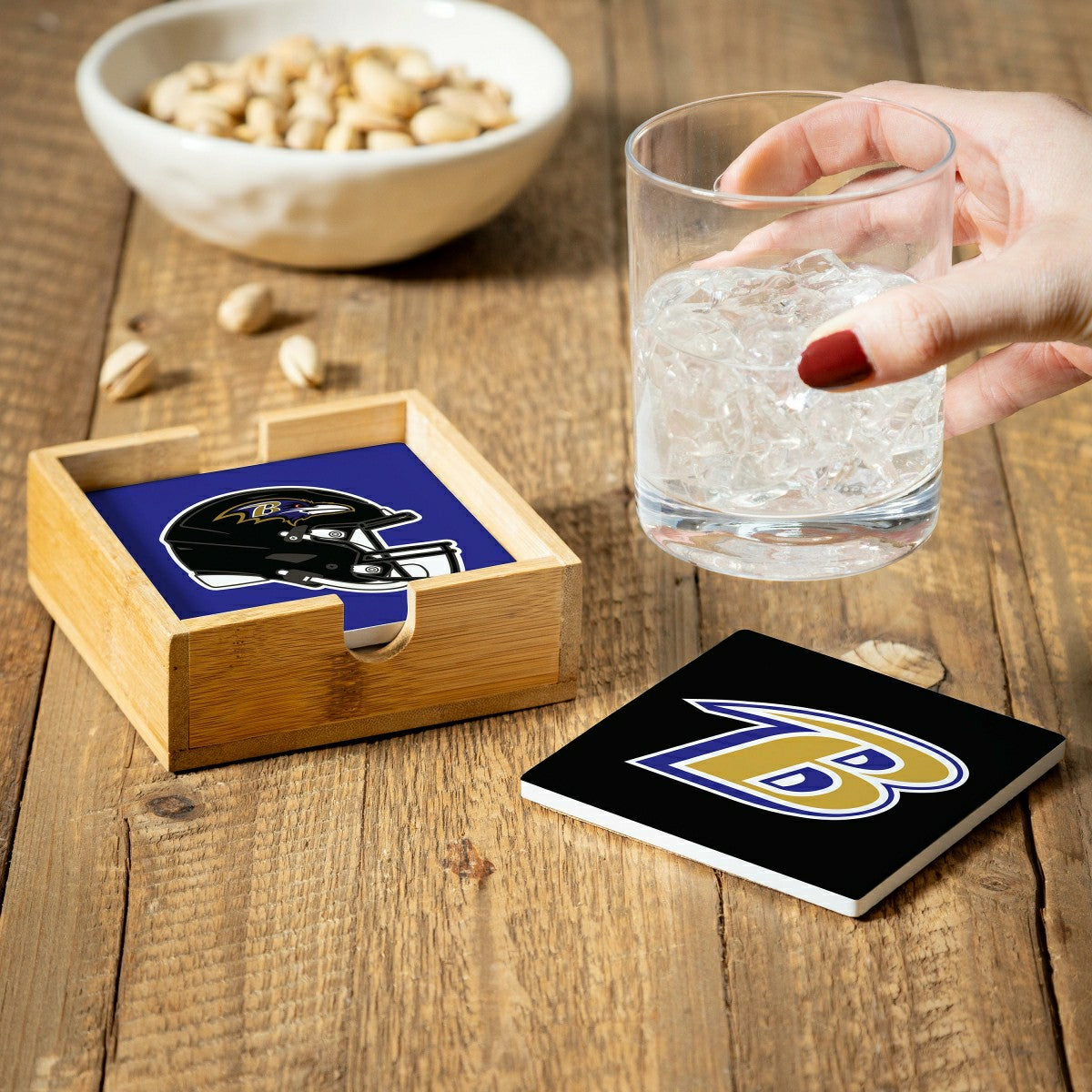 Baltimore Ravens Ceramic Coasters Set, 4pcs with Wood Caddy - NFL