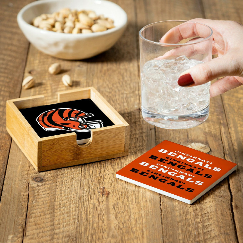 Cincinnati Bengals Ceramic Coasters Set, 4pcs with Wood Caddy - NFL