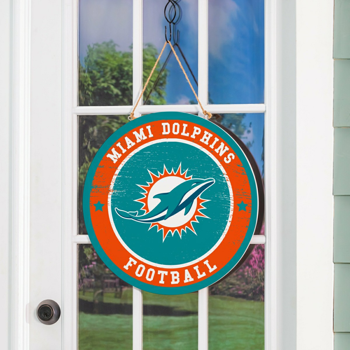 Miami Dolphins Round Door Décor with Hanging Rope, 18x18 - NFL Home