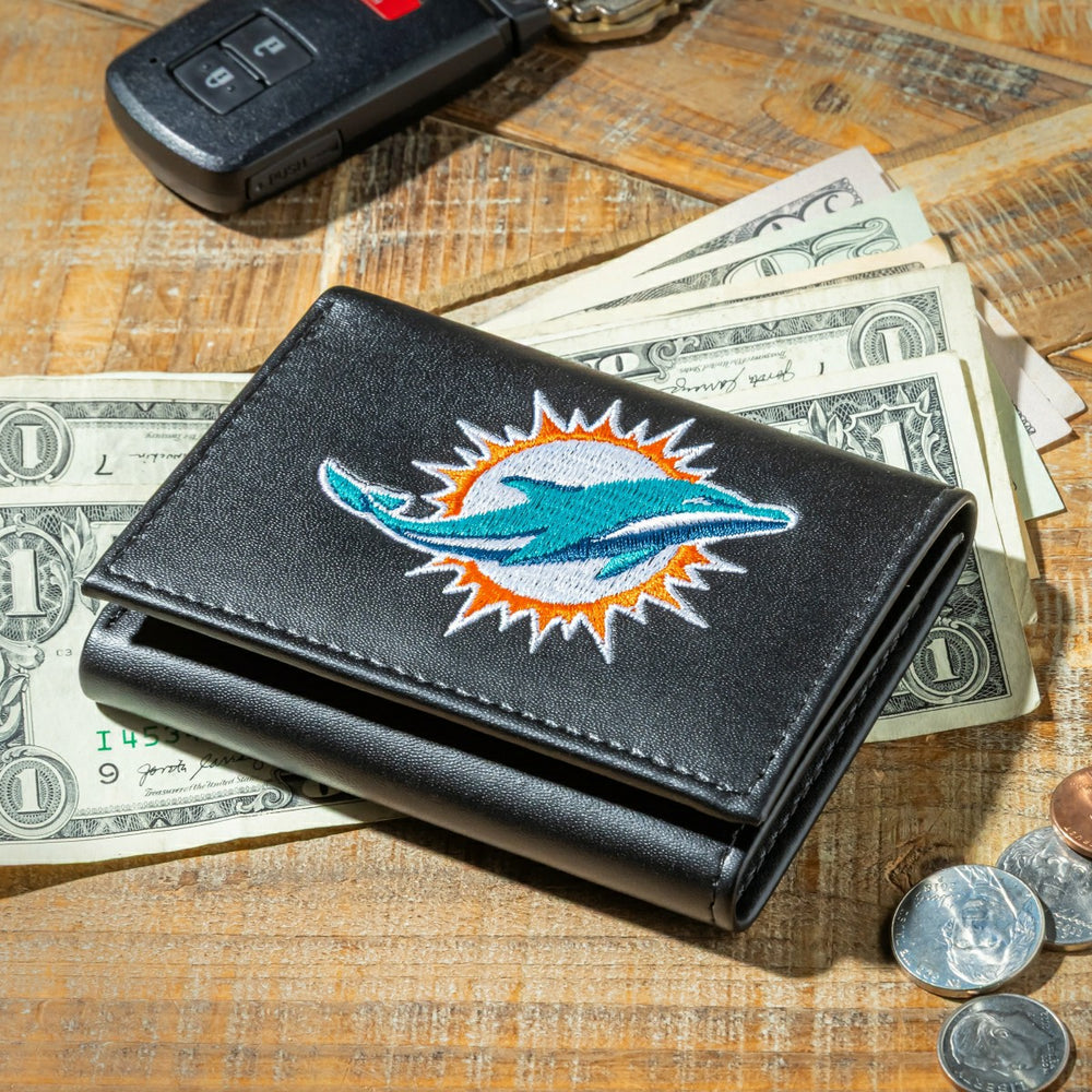 Miami Dolphins Black Tri-Fold Embroidered Wallet - NFL Home