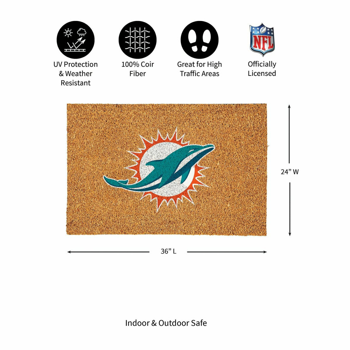 Miami Dolphins Large Full Color Coir Mat, 36"x24" - NFL