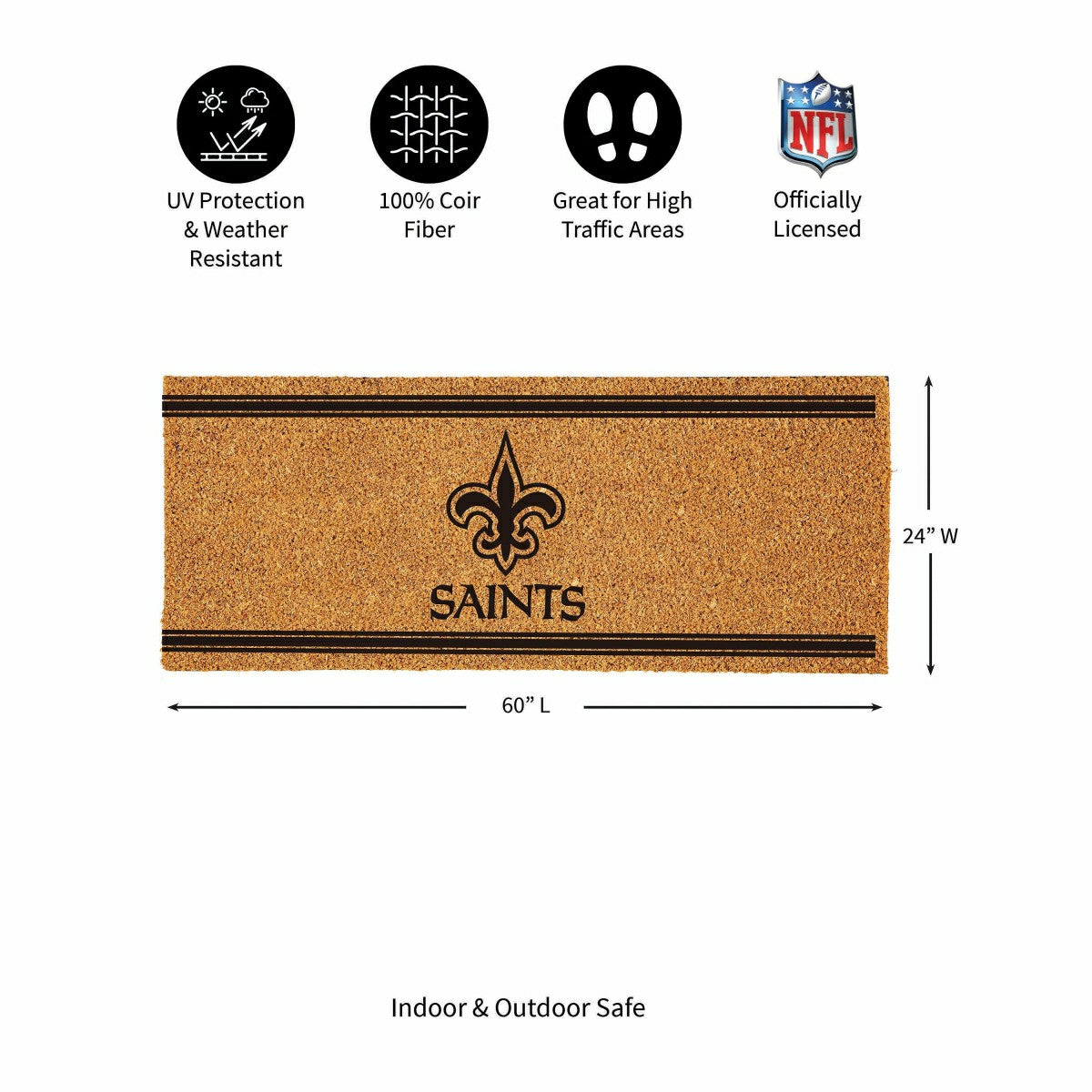 New Orleans Saints Extra Large One Color Coir Mat, 60"x24" - NFL