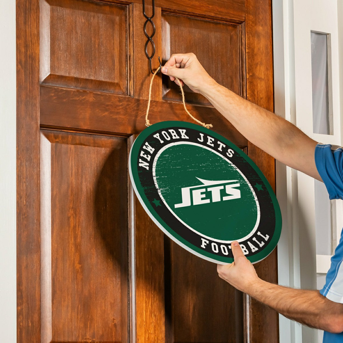 New York Jets Round Door Décor with Hanging Rope, 18x18 - NFL Home