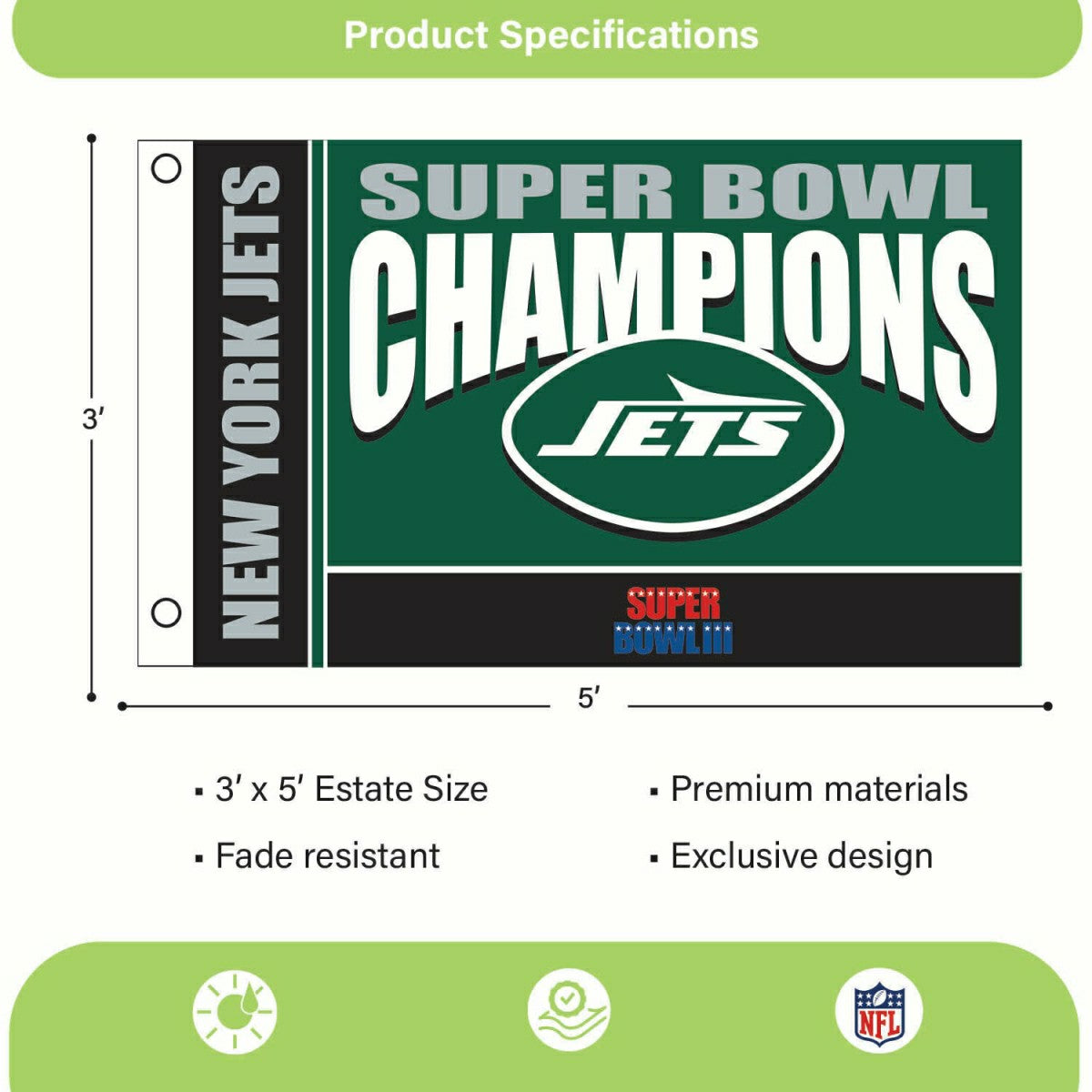 New York Jets Superbowl III Champions Football 3x5 Flag - NFL Home