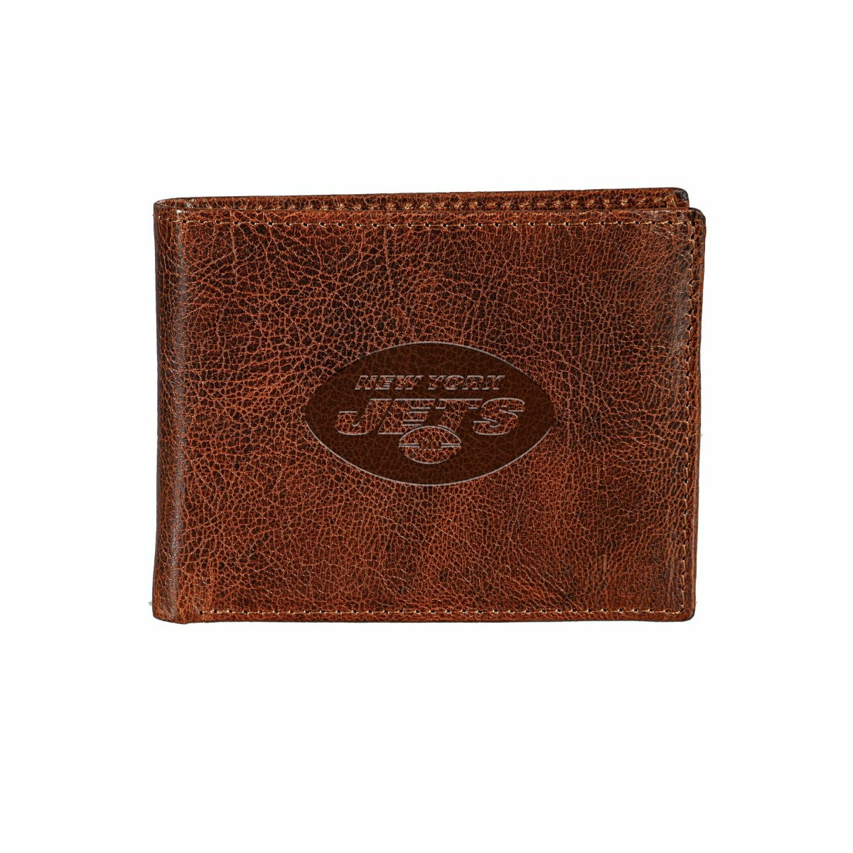 New York Jets, Embossed 100% Genuine Tumbled Leather Passcase Bi-Fold  - NFL Home