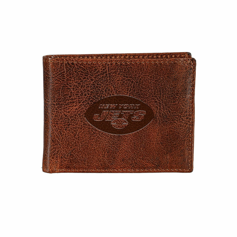 New York Jets, Embossed 100% Genuine Tumbled Leather Passcase Bi-Fold  - NFL Home