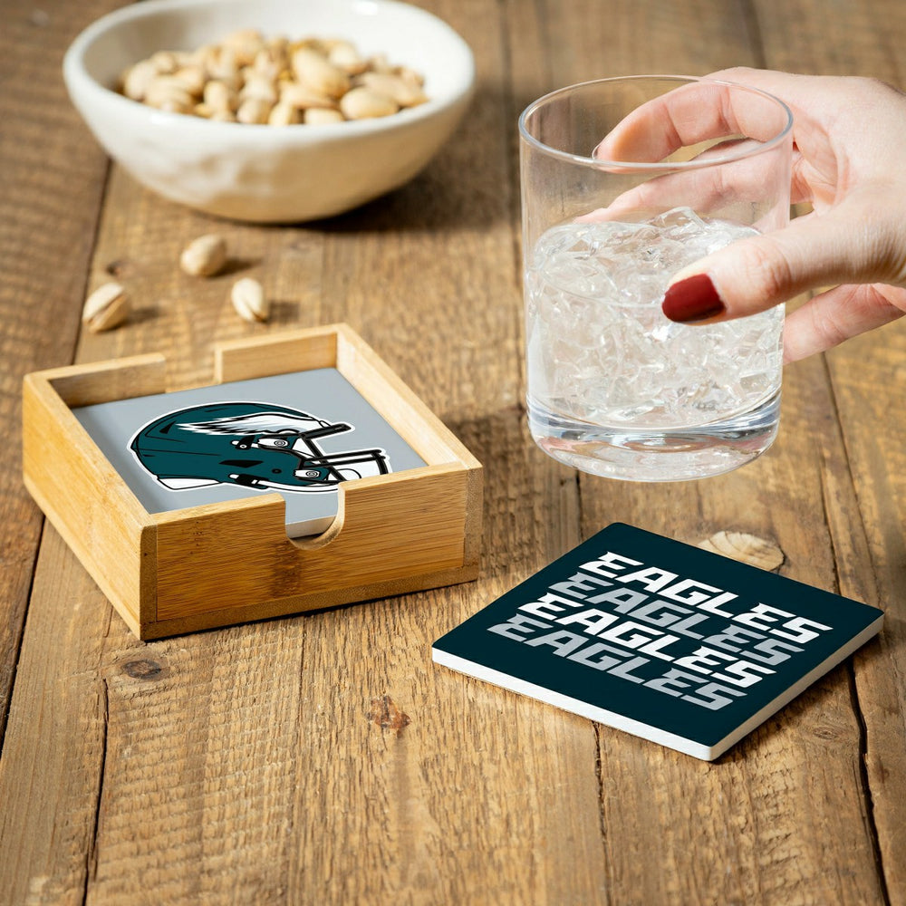 Philadelphia Eagles Ceramic Coasters Set, 4pcs with Wood Caddy - NFL