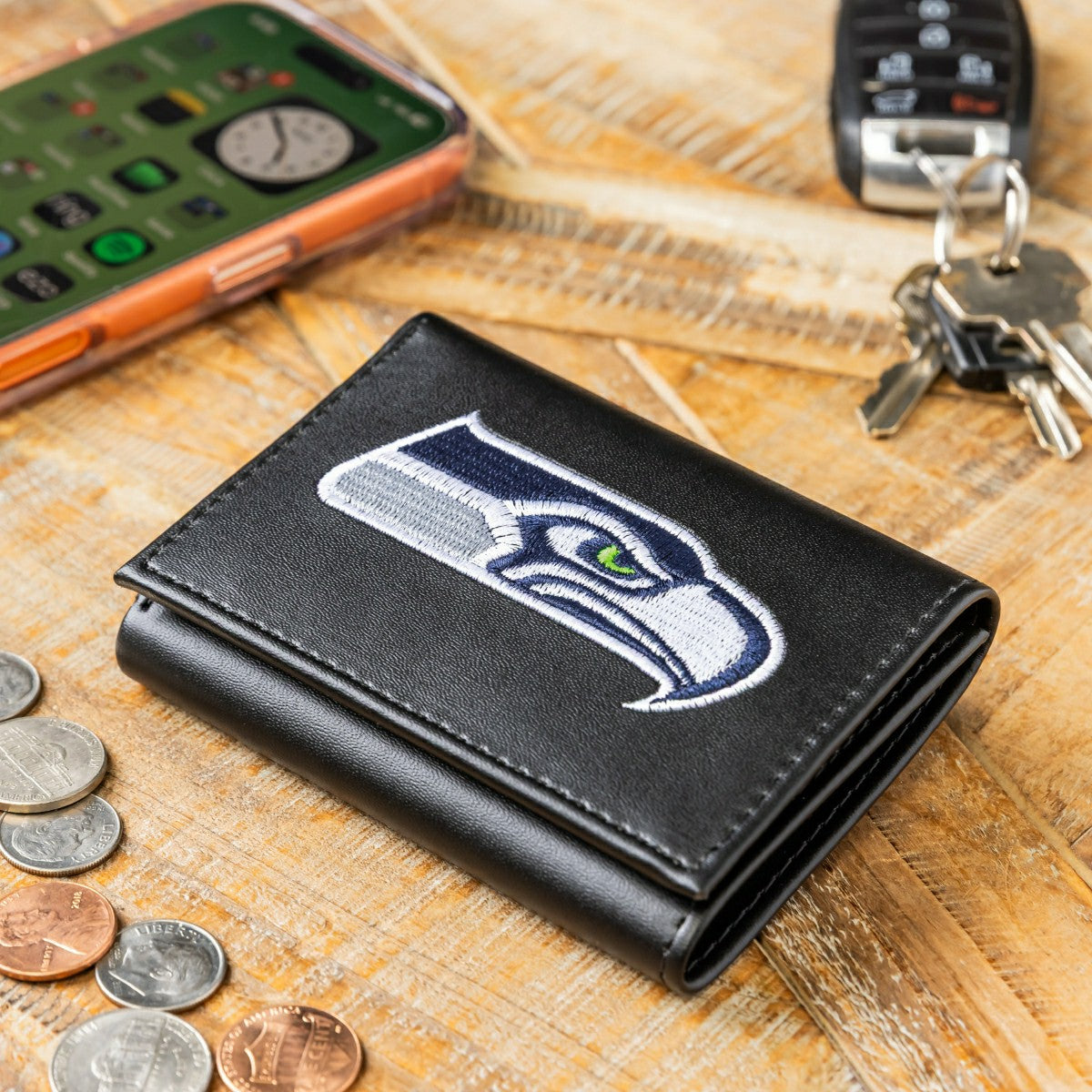 Seattle Seahawks Black Tri-Fold Embroidered Wallet w/ RFID Blocking - NFL Home