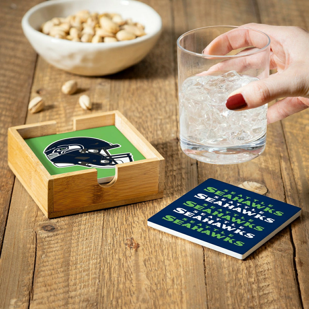 Seattle Seahawks Ceramic Coasters Set, 4pcs with Wood Caddy - NFL
