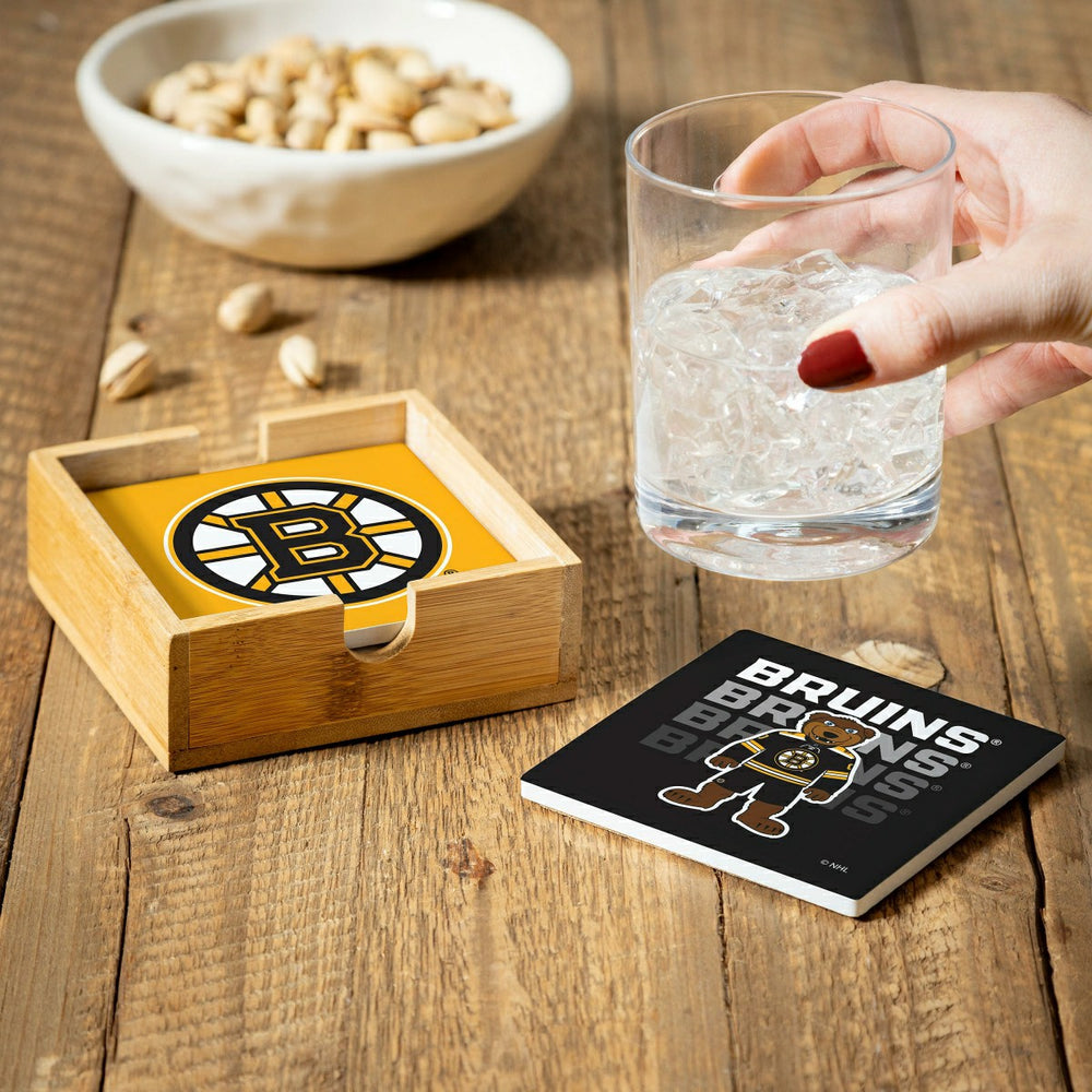 Boston Bruins Ceramic Coasters Set, 4pcs with Wood Caddy - NHL Home