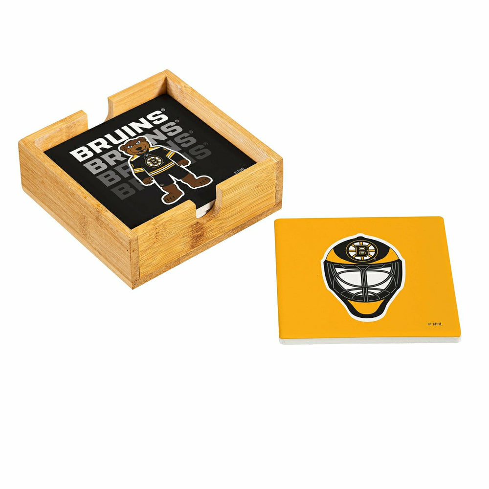 Boston Bruins Ceramic Coasters Set, 4pcs with Wood Caddy - NHL Home
