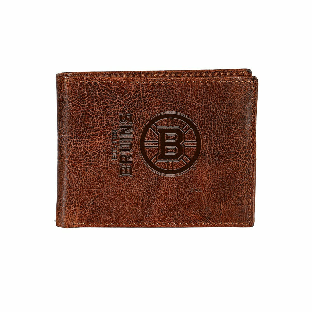 Boston Bruins, Embossed 100% Genuine Tumbled Leather Passcase Bi-Fold  - NHL Home