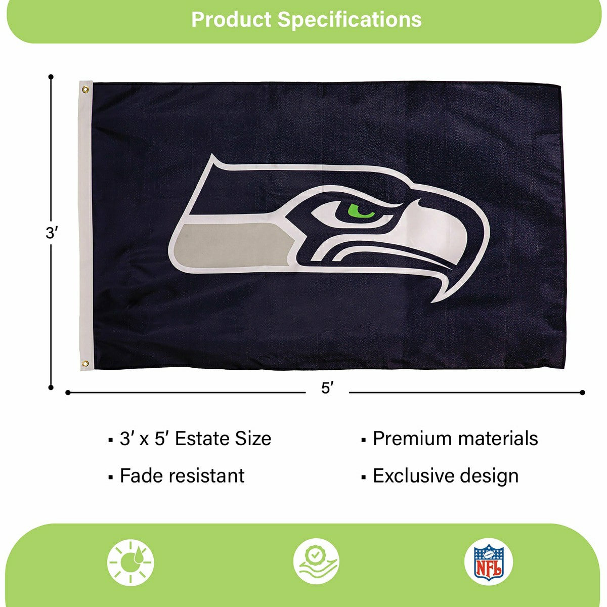 Seattle Seahawks Single Sided Estate Flag with 2 Grommets, 3'x5' - Home NFL