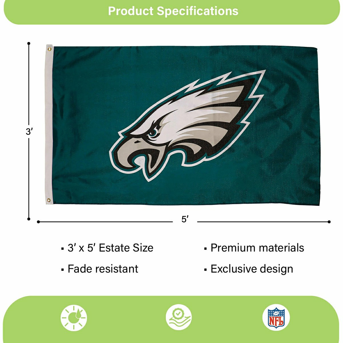 Philadelphia Eagles Single Sided Estate Flag with 2 Grommets, 3'x5' - Home NFL