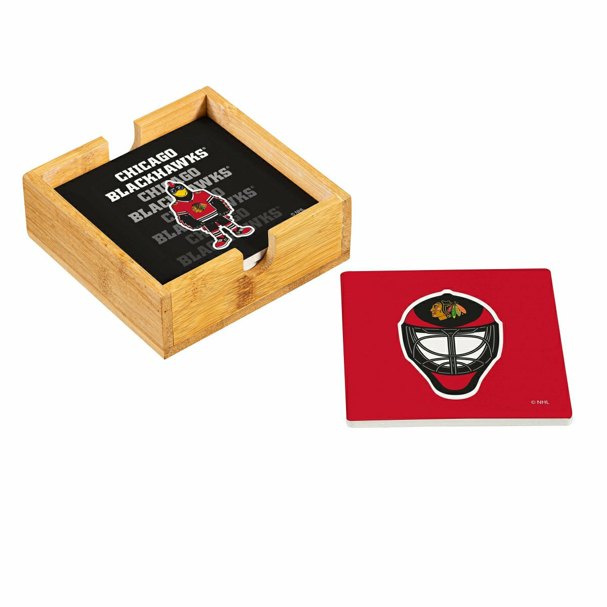 Chicago Blackhawks Ceramic Coasters Set, 4pcs with Wood Caddy - NHL Home