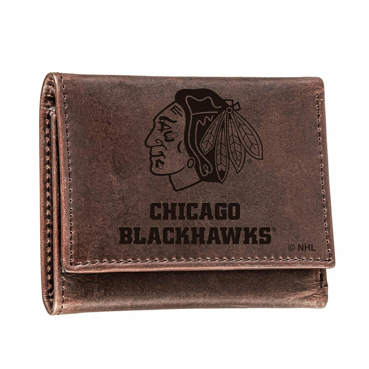 Chicago Blackhawks, Tri-Fold Wallet, Brown, CH, 100% Genuine Leather - NHL Home