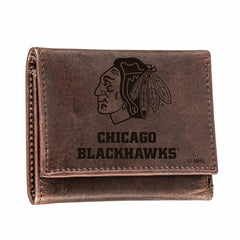 Chicago Blackhawks, Tri-Fold Wallet, Brown, CH, 100% Genuine Leather - NHL Home