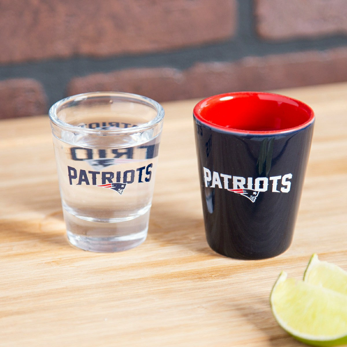 New England Patriots 4-Piece Ceramic and Glass 2oz. Shot Glass Set - Home NFL