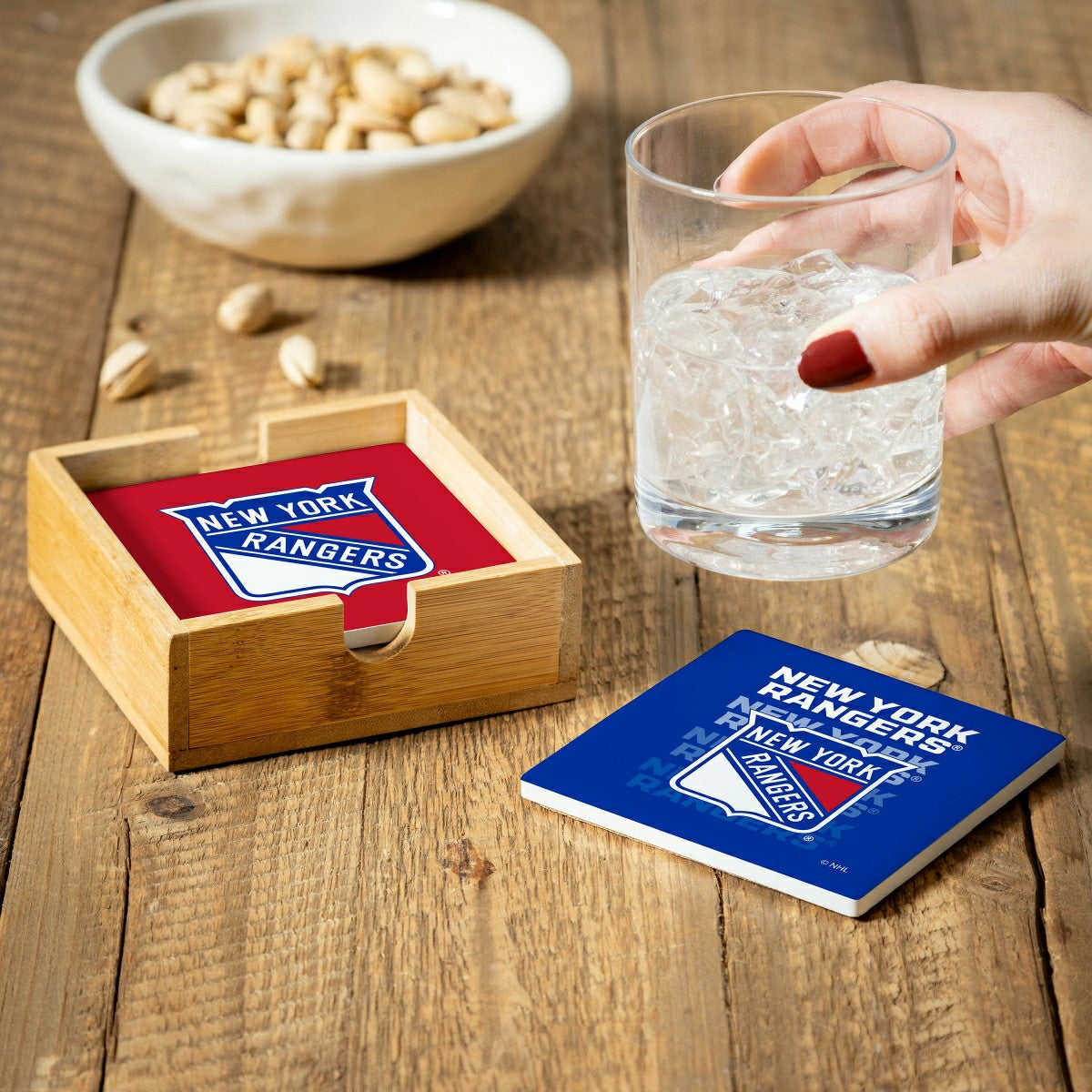 New York Rangers Ceramic Coasters Set, 4pcs with Wood Caddy - NHL Home