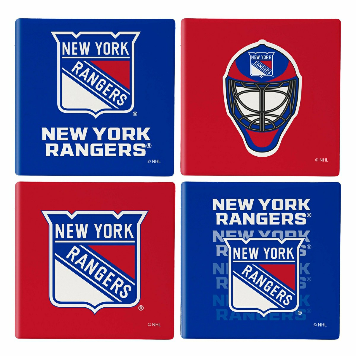 New York Rangers Ceramic Coasters Set, 4pcs with Wood Caddy - NHL Home