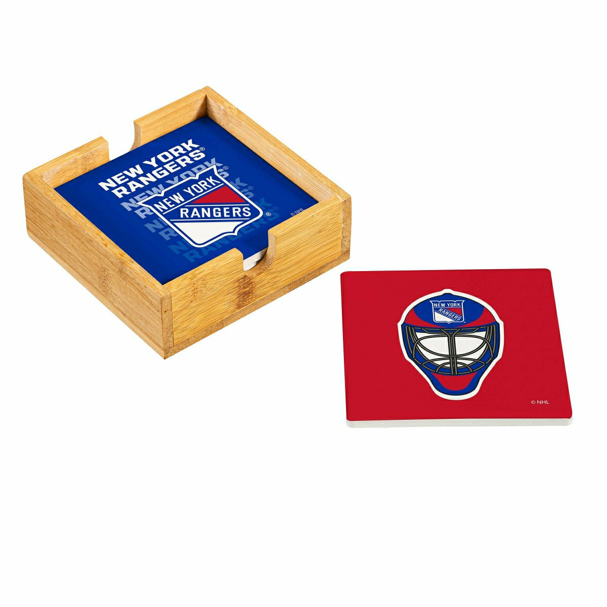 New York Rangers Ceramic Coasters Set, 4pcs with Wood Caddy - NHL Home