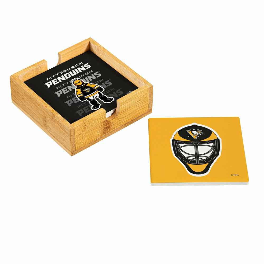 Pittsburgh Penguins Ceramic Coasters Set, 4pcs with Wood Caddy - NHL Home