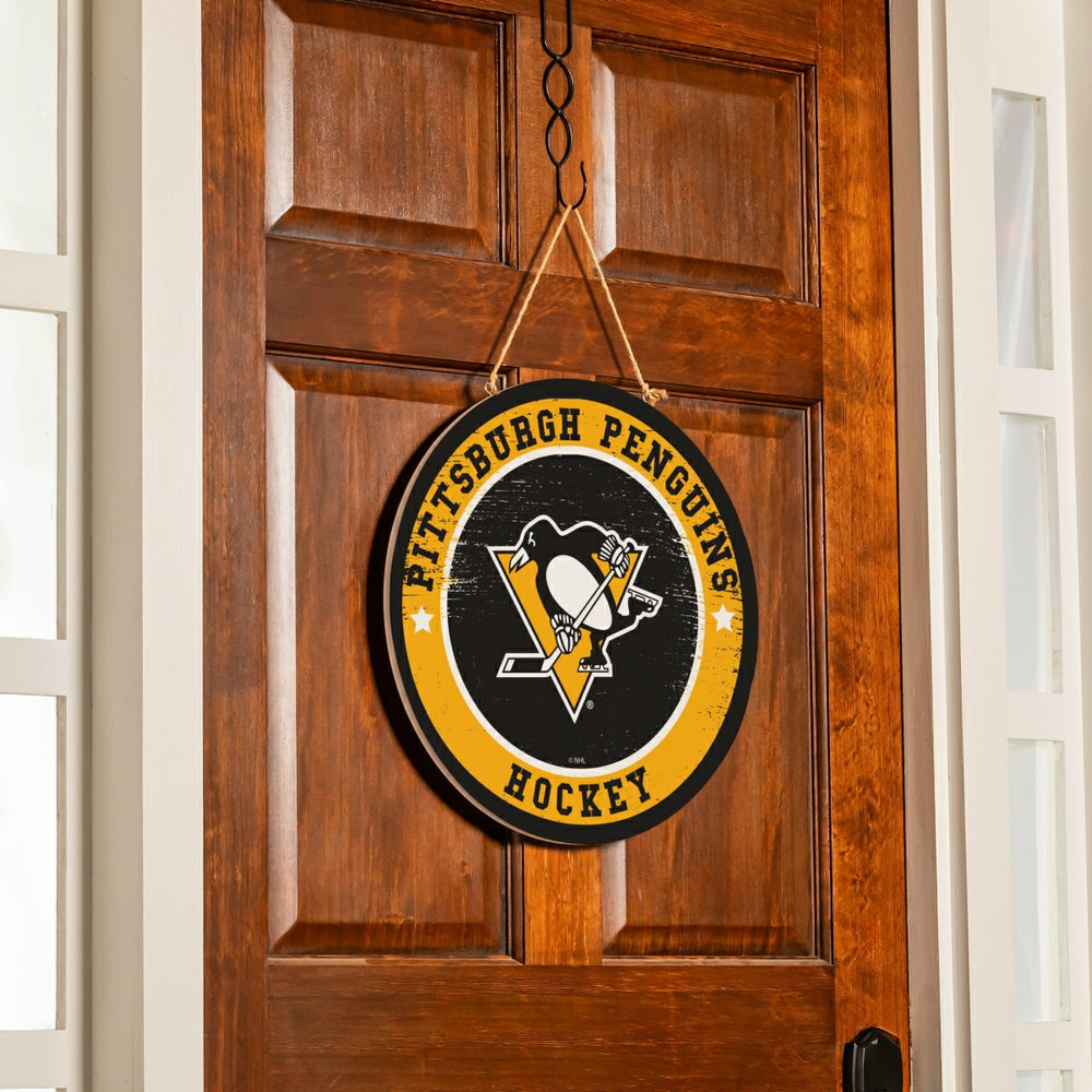 Pittsburgh Penguins Round Door Décor with Hanging Rope, 18x18 - NHL Home