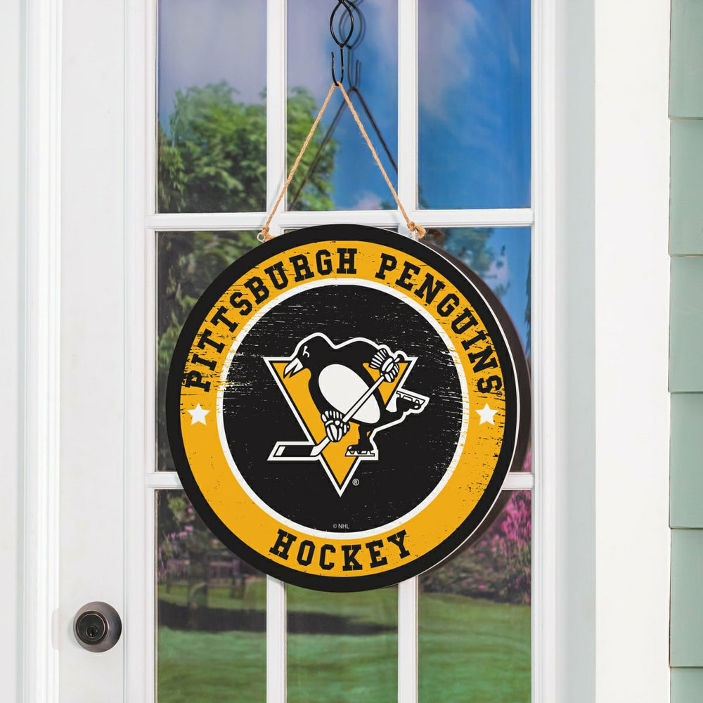 Pittsburgh Penguins Round Door Décor with Hanging Rope, 18x18 - NHL Home