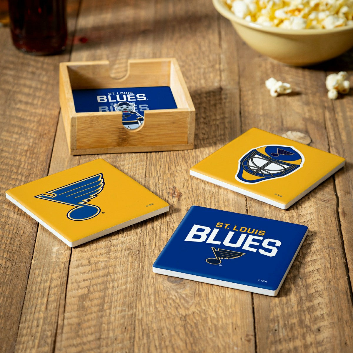 St Louis Blues Ceramic Coasters Set, 4pcs with Wood Caddy - NHL Home